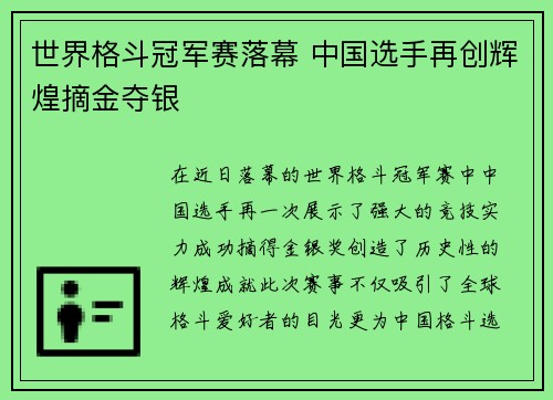 世界格斗冠军赛落幕 中国选手再创辉煌摘金夺银 世界格斗冠军赛落幕 中国选手再创辉煌摘金夺银