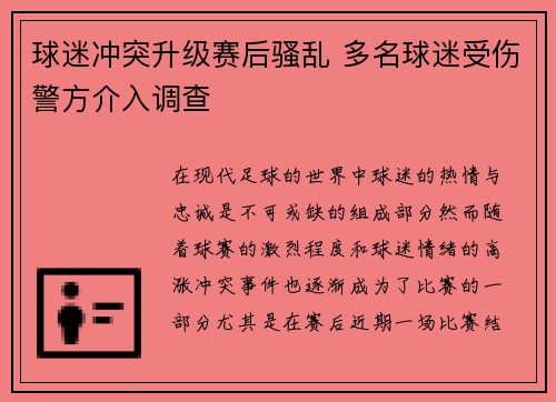 球迷冲突升级赛后骚乱 多名球迷受伤警方介入调查 球迷冲突升级赛后骚乱 多名球迷受伤警方介入调查